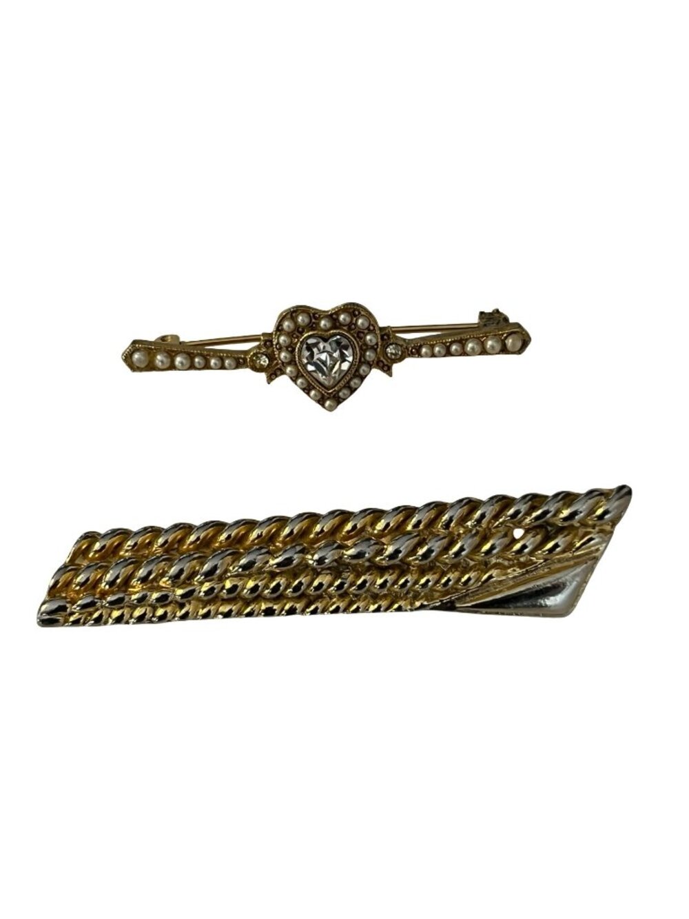 Vintage Heart Brooch Pearl Rhinestone Gold Tone + Two Tone Textured Bar Pin Set